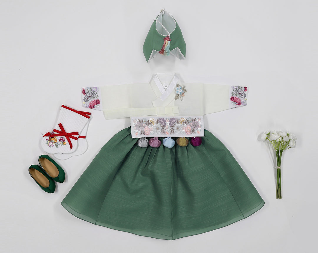 Korean Traditional Baby Girl Hanbok Clothing 1 Age Dol Party Celebration Ivory Khaki 1–15 Ages HG169