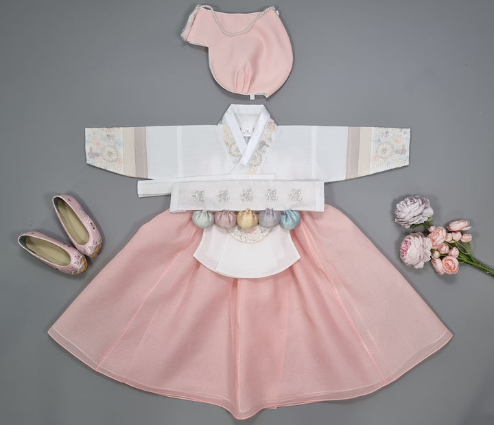 Hanbok Girl Baby Korea Traditional Clothing Set First Birthday Celebration Party 100th Birth Celebration 1–15 years White Peach Embroidery