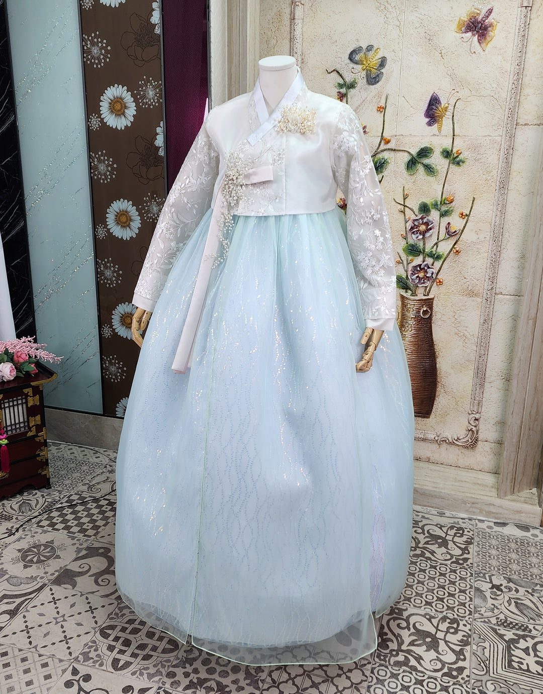 Korean Traditional Woman Personal Custom Hanbok Wedding Party Ceremony White Lace Bead Blue Skirt 147