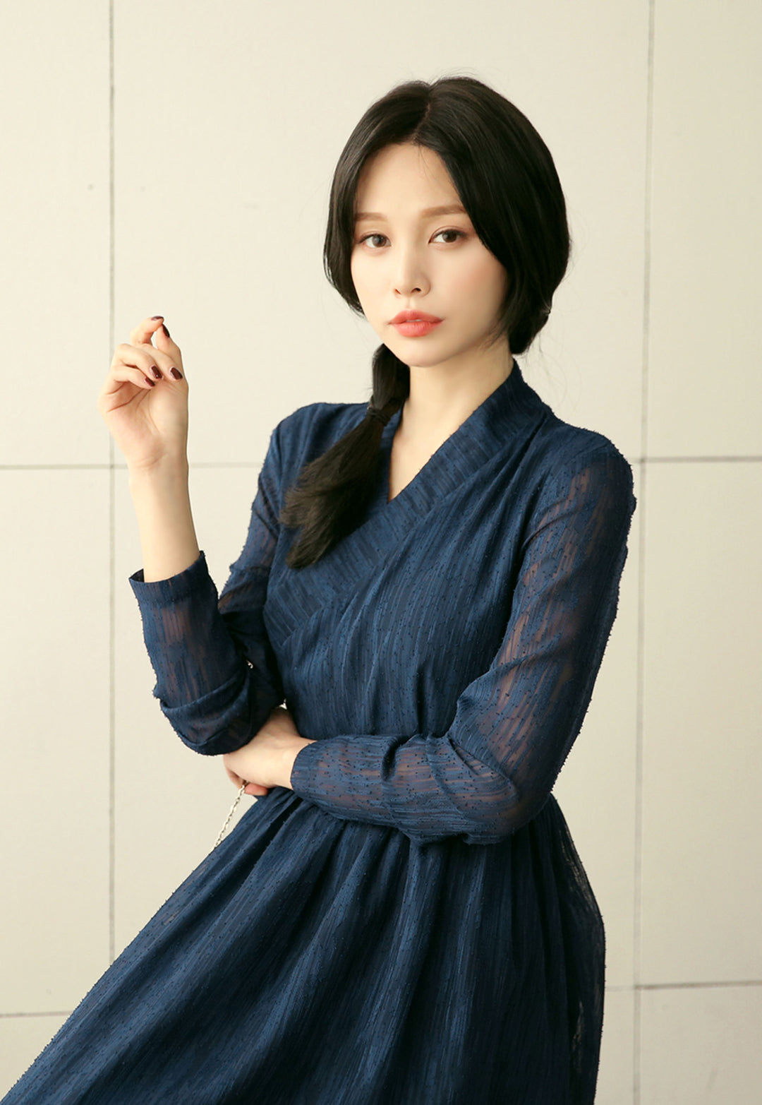 Korean Modern Hanbok Navy Dress Red Skirt Fancy Casual Daily Clothing Wrapped Design Fusion Hanbok CHD105