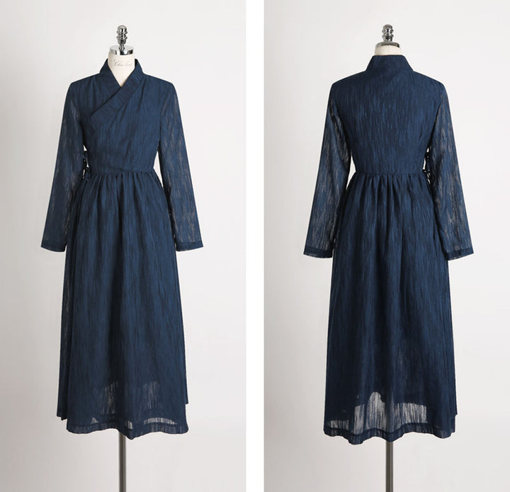 Korean Modern Hanbok Navy Dress Red Skirt Fancy Casual Daily Clothing Wrapped Design Fusion Hanbok CHD105