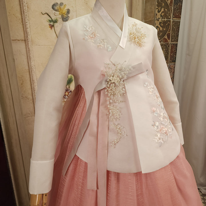 Korean Traditional Woman Personal Custom Hanbok Wedding Party Ceremony Ivory Embroidery Peach Skirt Hanbok 143