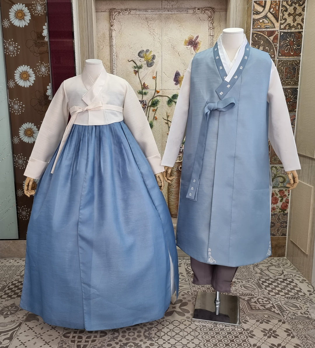 Korean Traditional Woman Man Couple Personal Custom Hanbok Wedding Party Ceremony Blue Hanbok OSF131