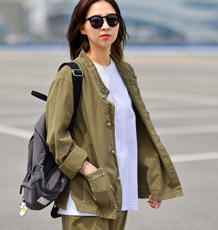 Korean Hanbok Washed Cotton Common Use Man Woman Casual Daily Clothing BTS Long Sleeve Khaki 10042