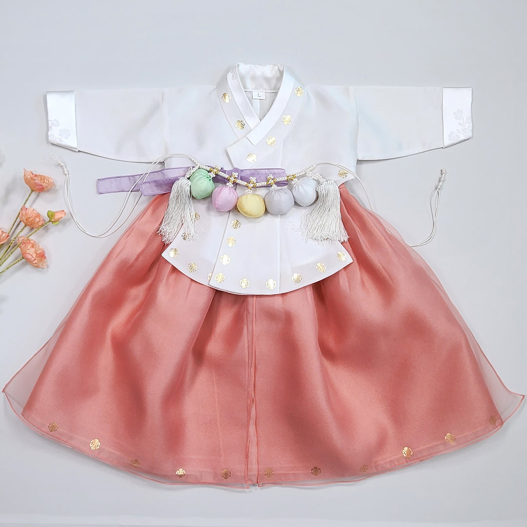 Korea Traditional Hanbok Girl Baby White Gold Print Baikil 1–10 Years 1st Birthday Party GOG208