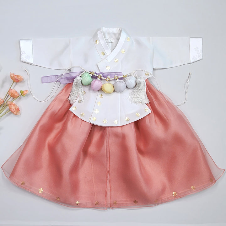 Korea Traditional Hanbok Girl Baby White Gold Print Baikil 1–10 Years 1st Birthday Party GOG208