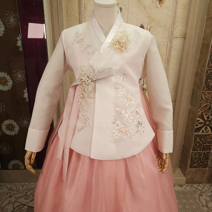 Korean Traditional Woman Personal Custom Hanbok Wedding Party Ceremony Ivory Embroidery Peach Skirt Hanbok 143