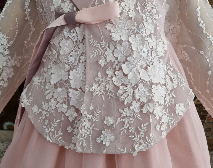 Korean Traditional Woman Personal Custom Hanbok Wedding Party Ceremony Lovely Pink Lace Hanbok Skirt Mom Grandmom Hanbok OSW135