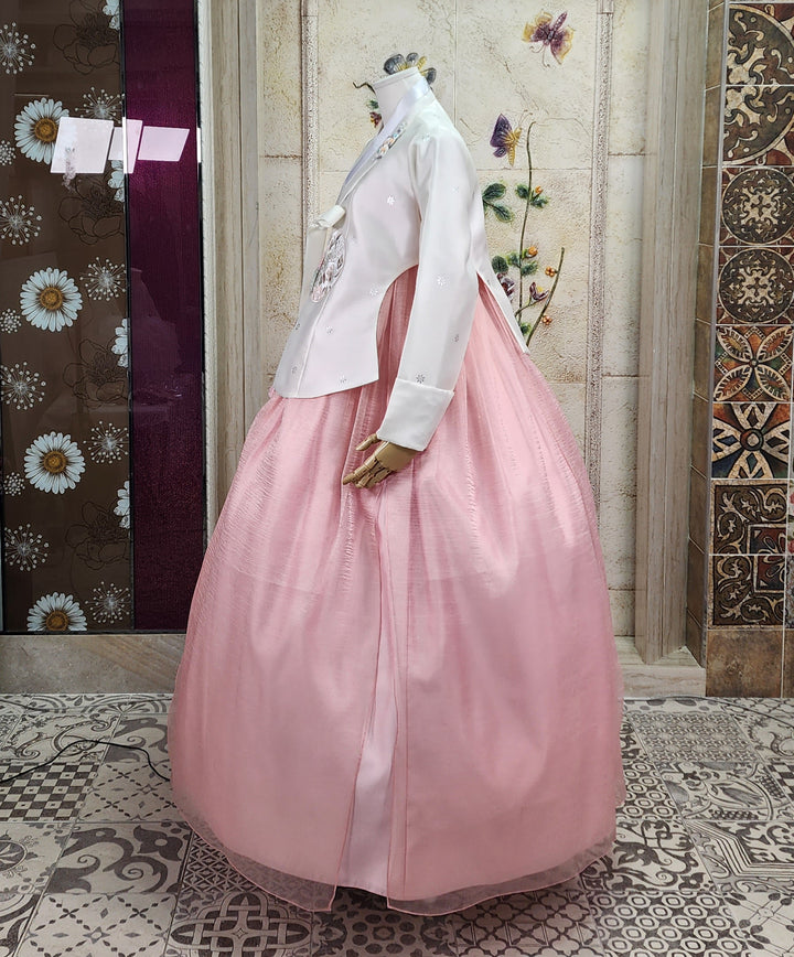 Korean Traditional Woman Personal Custom Hanbok Wedding Party Ceremony Ivory Embroidery Bead Peach Skirt Hanbok 144