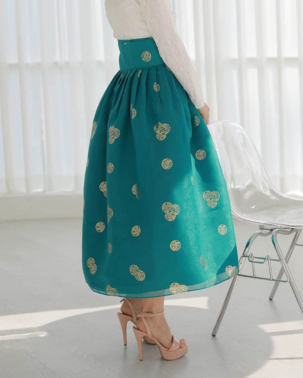 Korean Modern Daily Hanbok Skirt Aqua Gold Print Casual Modernized Party Celebration SSN012