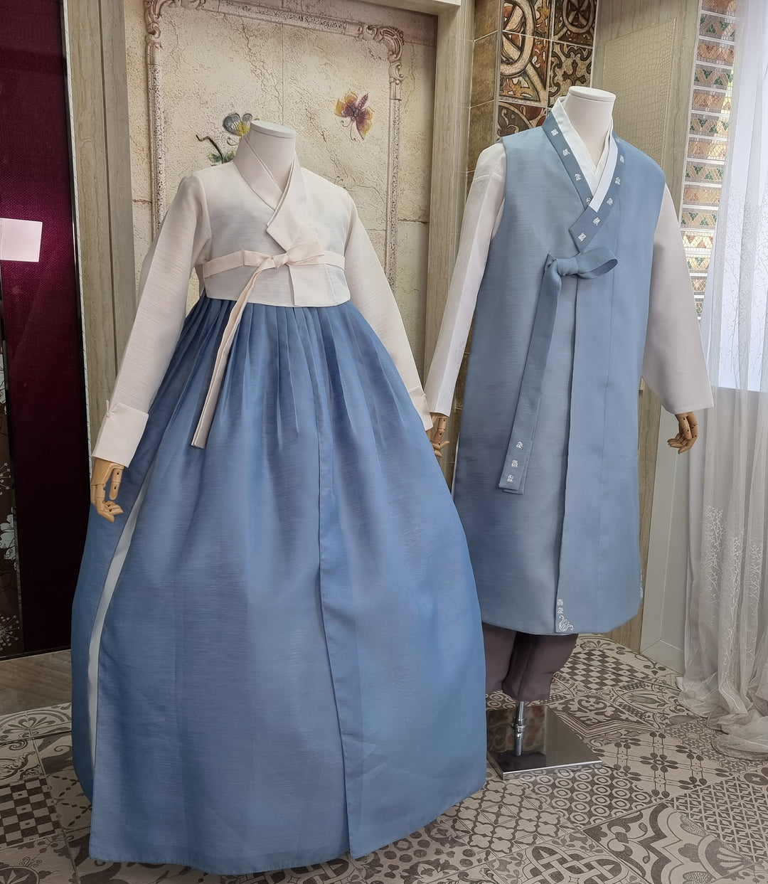 Korean Traditional Woman Man Couple Personal Custom Hanbok Wedding Party Ceremony Blue Hanbok OSF131