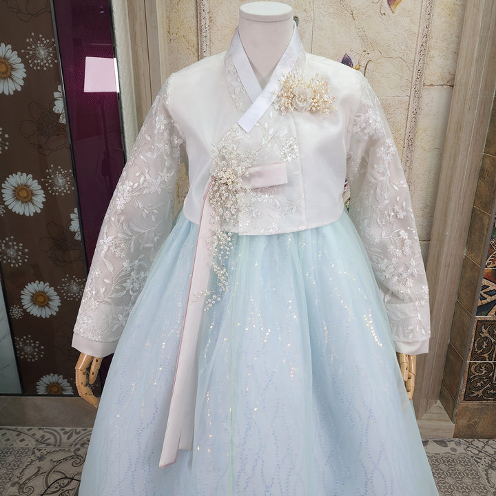 Korean Traditional Woman Personal Custom Hanbok Wedding Party Ceremony White Lace Bead Blue Skirt 147