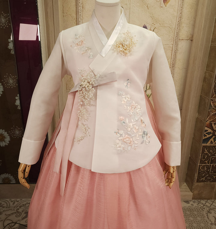 Korean Traditional Woman Personal Custom Hanbok Wedding Party Ceremony Ivory Embroidery Peach Skirt Hanbok 143