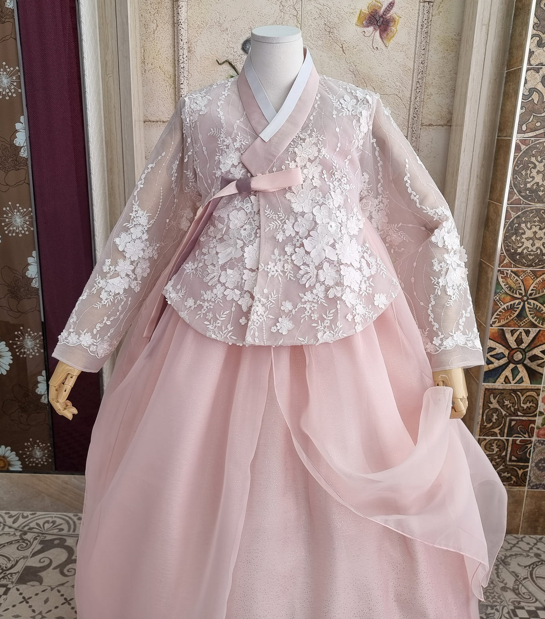 Korean Traditional Woman Personal Custom Hanbok Wedding Party Ceremony Lovely Pink Lace Hanbok Skirt Mom Grandmom Hanbok OSW135