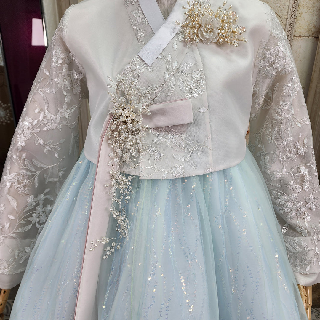 Korean Traditional Woman Personal Custom Hanbok Wedding Party Ceremony White Lace Bead Blue Skirt 147