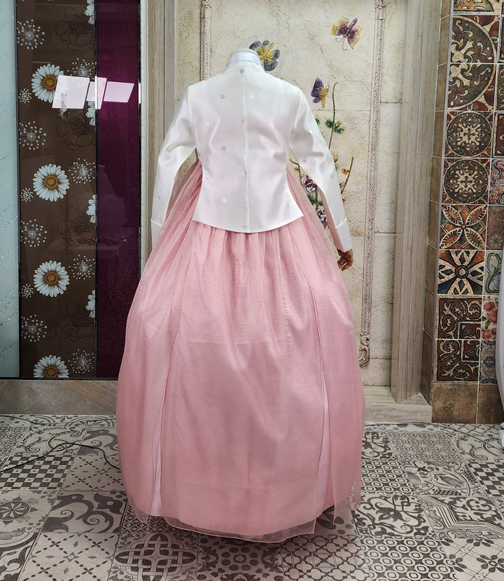 Korean Traditional Woman Personal Custom Hanbok Wedding Party Ceremony Ivory Embroidery Bead Peach Skirt Hanbok 144