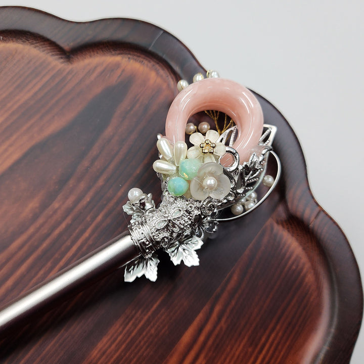 Korea Binyeo 비녀 Hair Accessory for Woman Hanbok Decoration Ornament Natural Stone Beads Flower 26 cm HB25