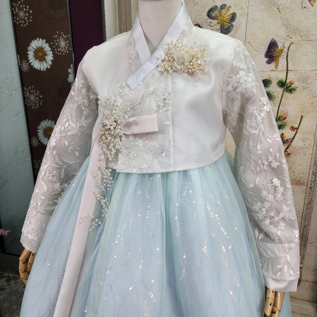 Korean Traditional Woman Personal Custom Hanbok Wedding Party Ceremony White Lace Bead Blue Skirt 147