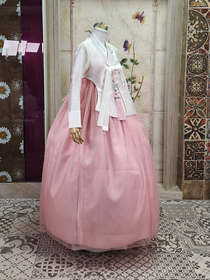 Korean Traditional Woman Personal Custom Hanbok Wedding Party Ceremony Ivory Embroidery Bead Peach Skirt Hanbok 144