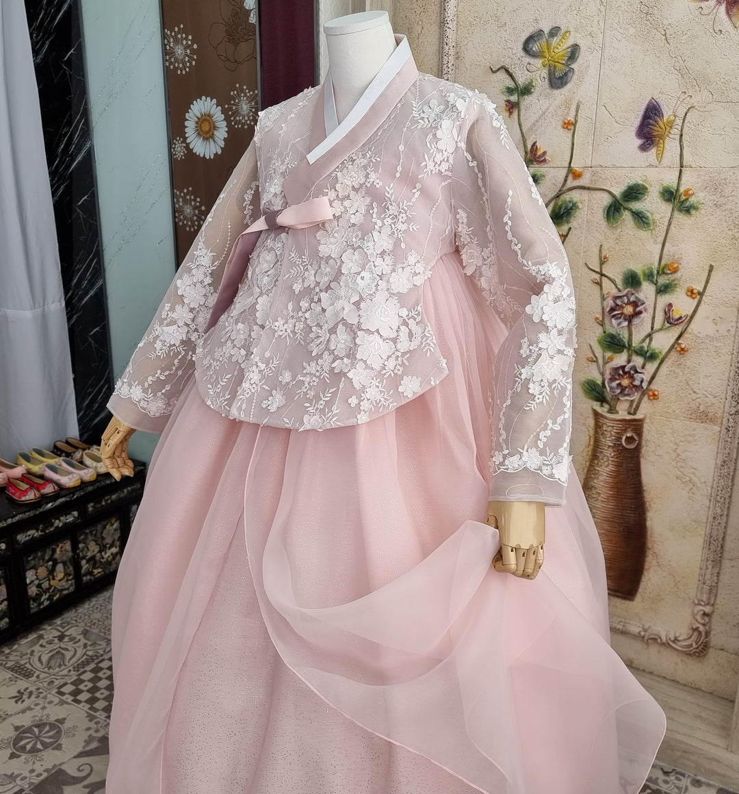 Korean Traditional Woman Personal Custom Hanbok Wedding Party Ceremony Lovely Pink Lace Hanbok Skirt Mom Grandmom Hanbok OSW135