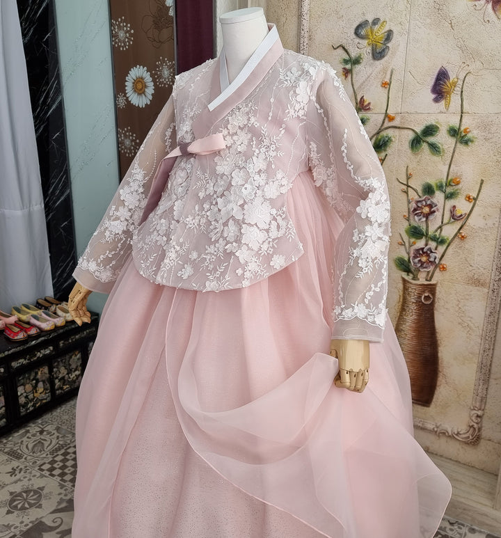 Korean Traditional Woman Personal Custom Hanbok Wedding Party Ceremony Lovely Pink Lace Hanbok Skirt Mom Grandmom Hanbok OSW135