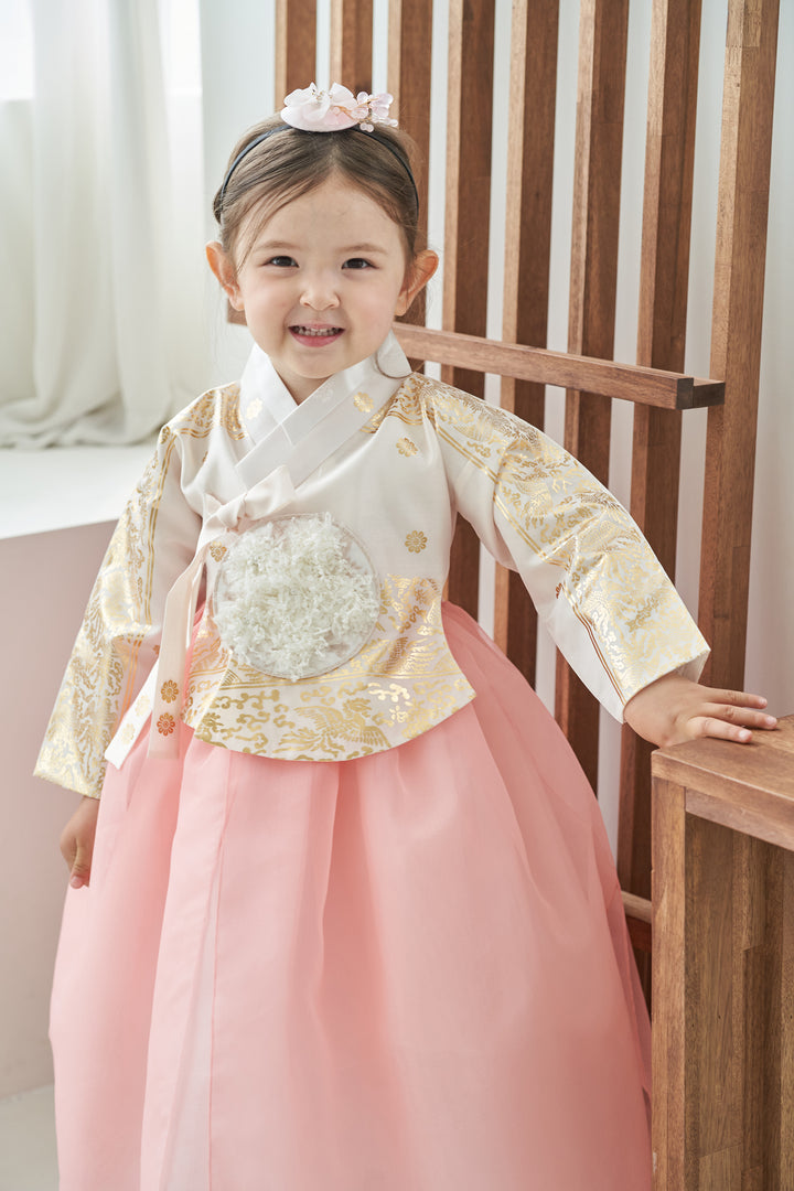 Hanbok Dress Girl Baby Korea Traditional Clothing Set First Birthday Celebration Party Celebration 1–8 Years Ivory Pink Fancy Gold Print OS106
