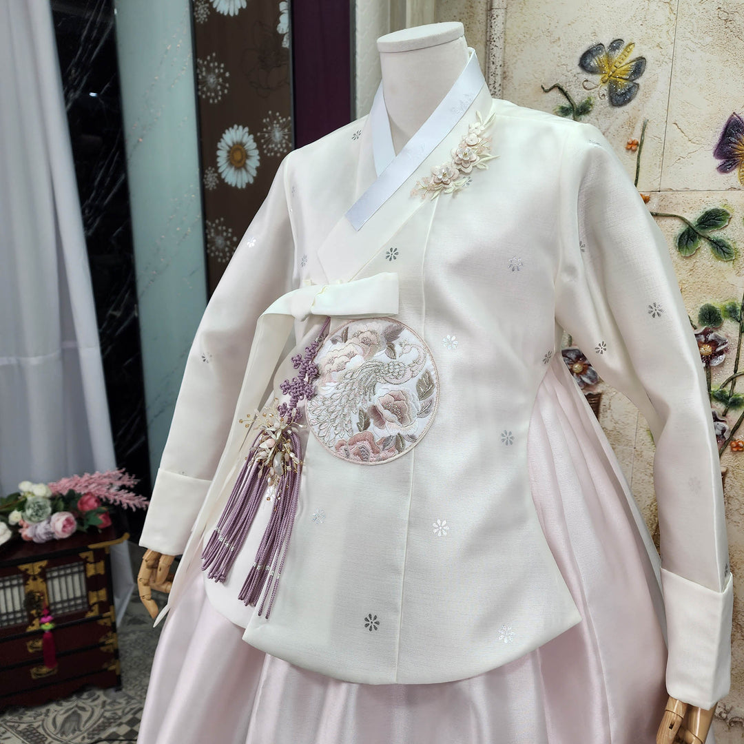 Korean Traditional Woman Personal Custom Hanbok Wedding Party Ceremony Ivory Embroidery Light Pink Skirt Mom Grandmom Hanbok 149