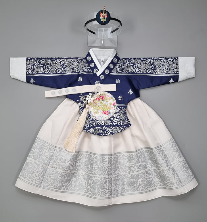 Hanbok Dress Girl Baby Korea Traditional Clothing Set First Birthday Celebration Party Celebration 1–8 Years Navy Fancy Silver Print OS208