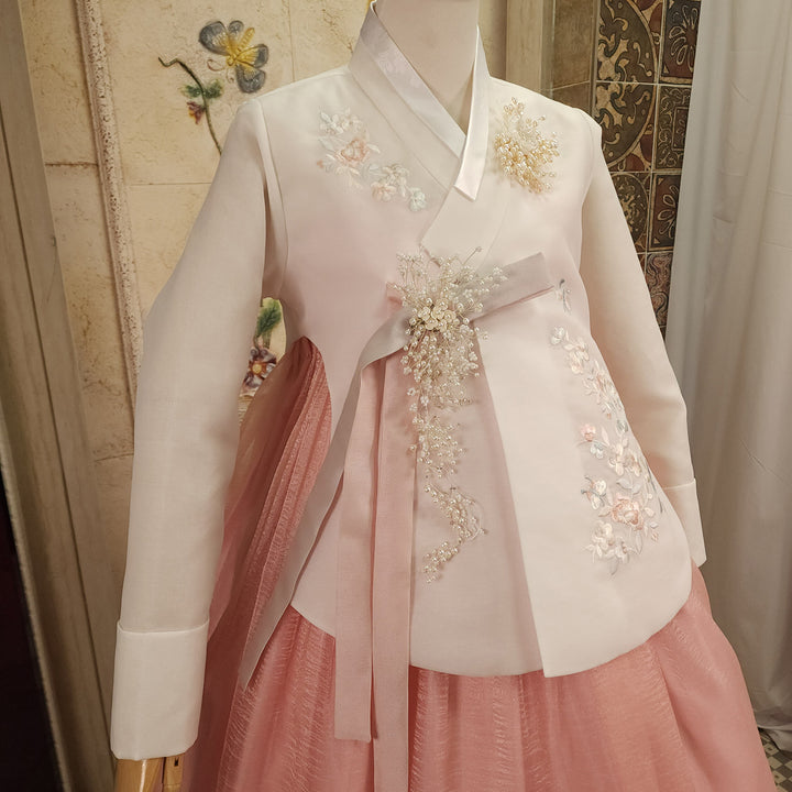 Korean Traditional Woman Personal Custom Hanbok Wedding Party Ceremony Ivory Embroidery Peach Skirt Hanbok 143