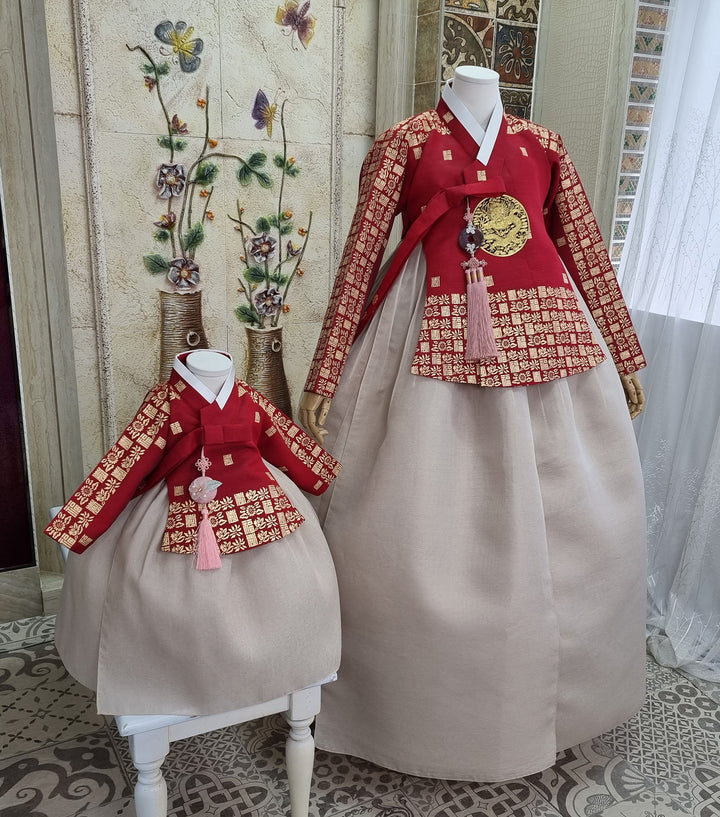 Korean Traditional Fancy Woman Personal Custom Hanbok Wedding Party Ceremony Mom Daughter Couple Look Wine Red Gold Print Hanbok OSF134