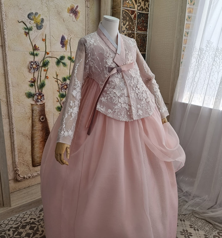 Korean Traditional Woman Personal Custom Hanbok Wedding Party Ceremony Lovely Pink Lace Hanbok Skirt Mom Grandmom Hanbok OSW135