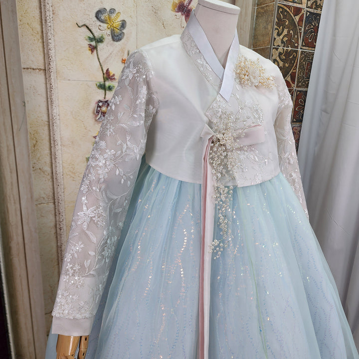 Korean Traditional Woman Personal Custom Hanbok Wedding Party Ceremony White Lace Bead Blue Skirt 147