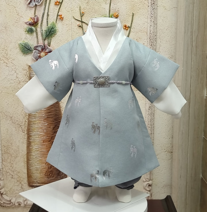 Korean Traditional Boy Baby Hanbok Dol Baikil Party Celebration 100th-10 Ages Blue Bird Silver Print HGB115