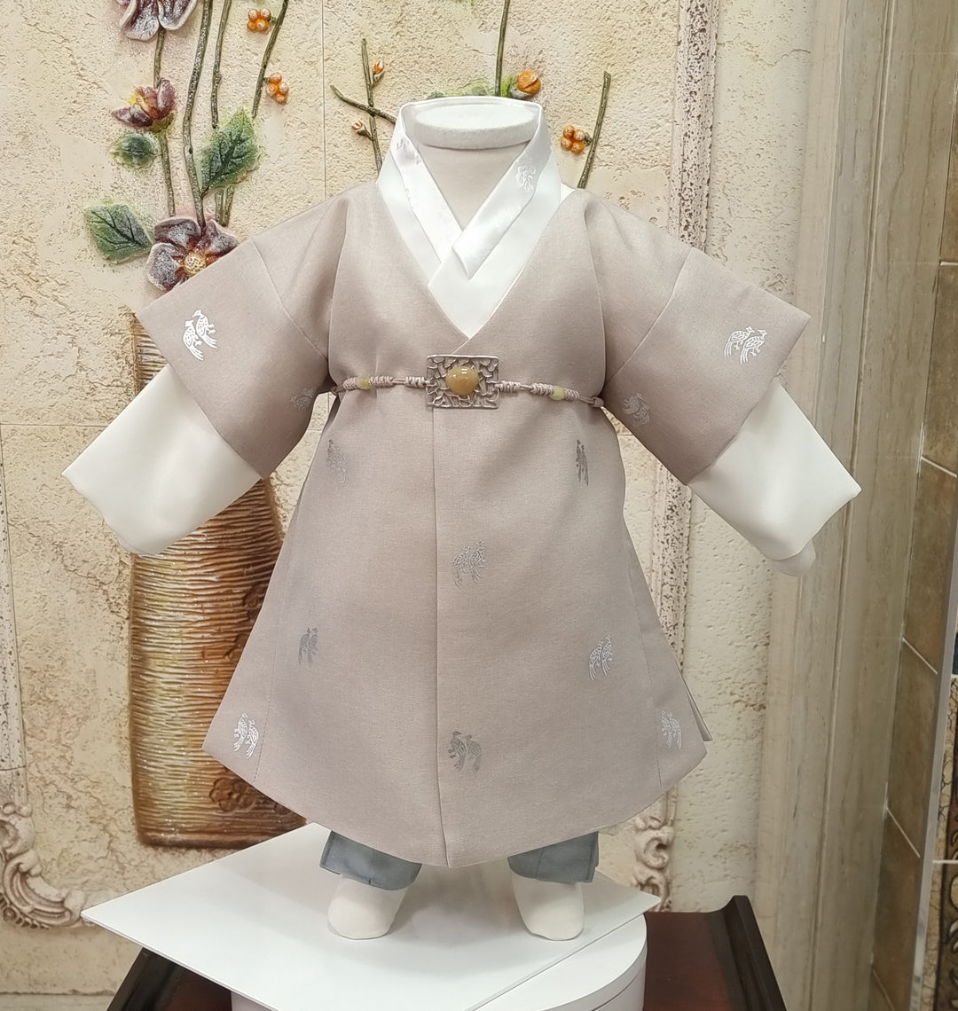 Korean Traditional Boy Baby Hanbok Dol Baikil Party Celebration 100th-10 Ages Beige Bird Silver Print HGB113