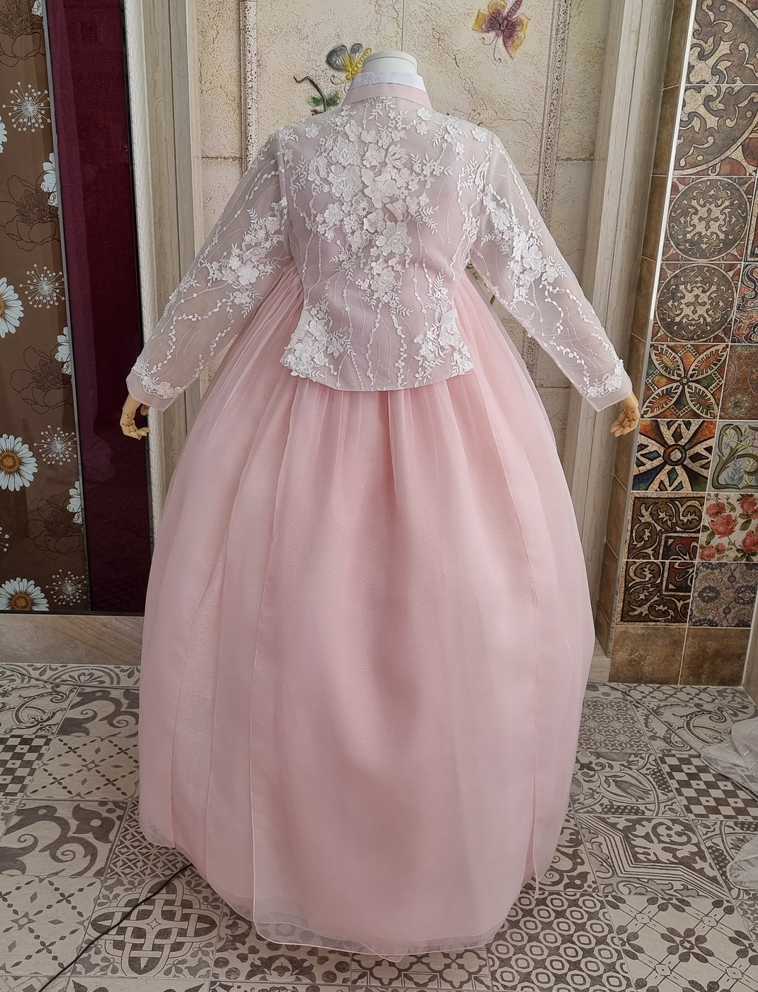 Korean Traditional Woman Personal Custom Hanbok Wedding Party Ceremony Lovely Pink Lace Hanbok Skirt Mom Grandmom Hanbok OSW135