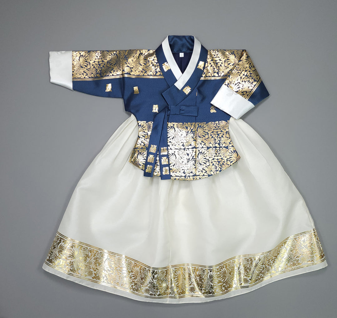 Korea Traditional Hanbok Girl Baby Green-Navy Gold Print Baikil 1–10 Years 1st Birthday Party GOG102