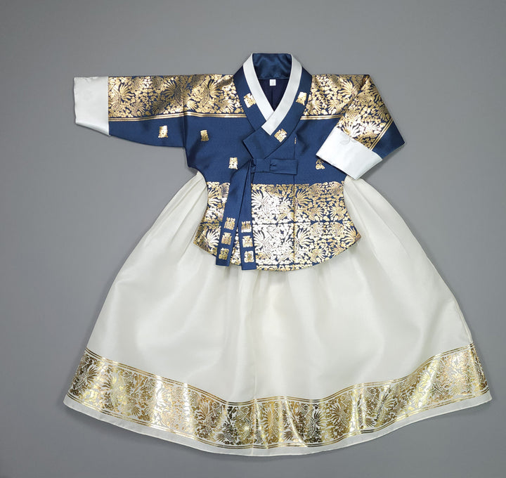 Korea Traditional Hanbok Girl Baby Green-Navy Gold Print Baikil 1–10 Years 1st Birthday Party GOG102