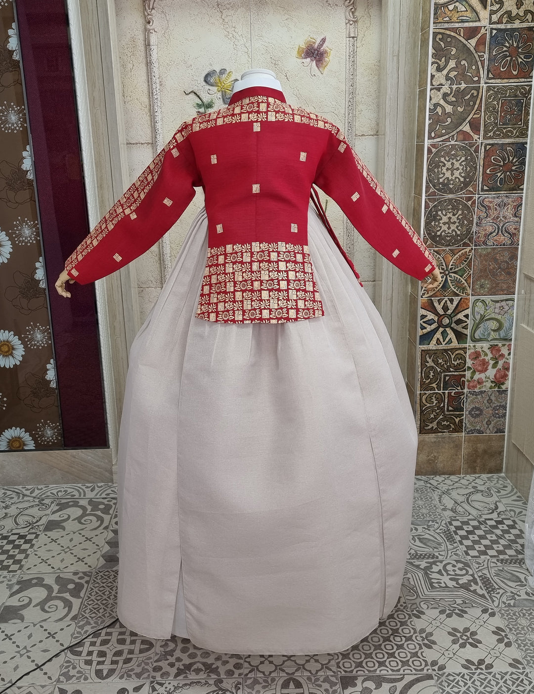 Korean Traditional Fancy Woman Personal Custom Hanbok Wedding Party Ceremony Mom Daughter Couple Look Wine Red Gold Print Hanbok OSF134