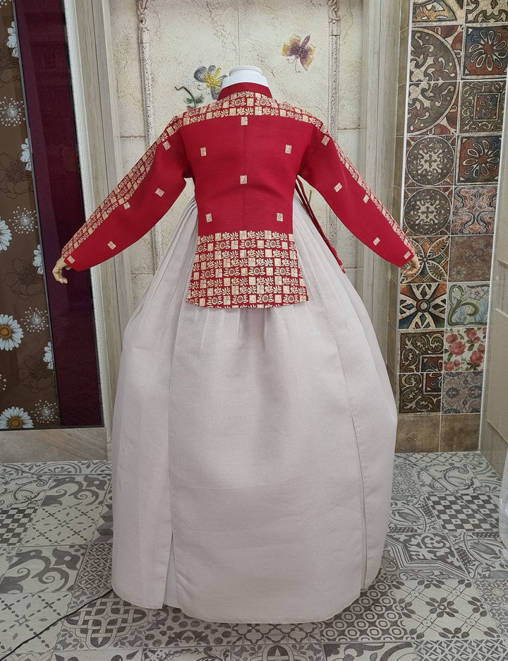 Korean Traditional Fancy Woman Personal Custom Hanbok Wedding Party Ceremony Mom Daughter Couple Look Wine Red Gold Print Hanbok OSF134