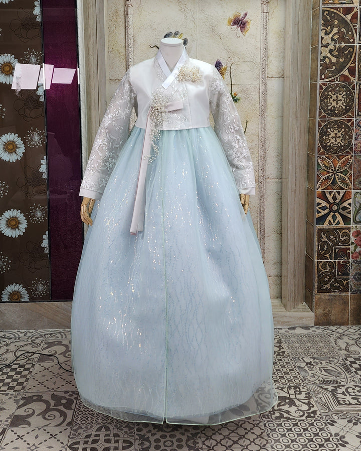 Korean Traditional Woman Personal Custom Hanbok Wedding Party Ceremony White Lace Bead Blue Skirt 147