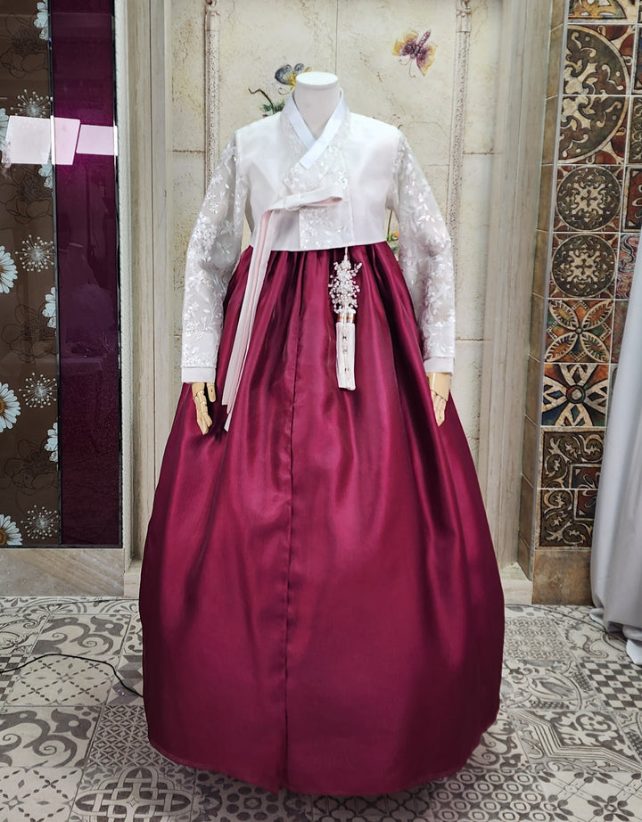 Korean Traditional Woman Personal Custom Hanbok Wedding Party Ceremony White Lace Embroidery OSW009