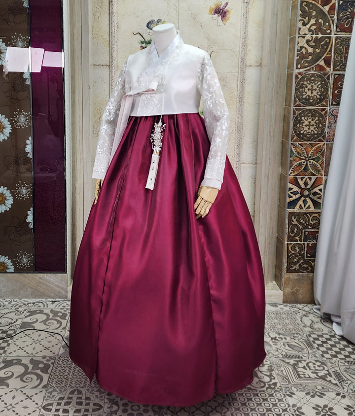 Korean Traditional Woman Personal Custom Hanbok Wedding Party Ceremony White Lace Embroidery OSW009