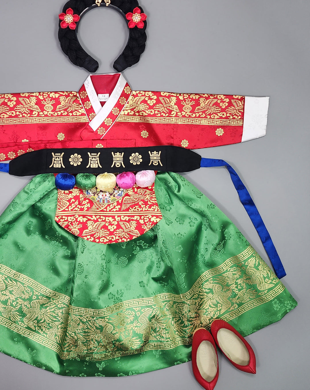 Hanbok Girl Baby Korea Traditional Clothing Set First Birthday Celebration Party Celebration 1–10 Years Red Green Skirt Gold Print HG122