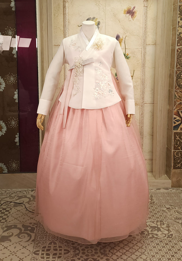 Korean Traditional Woman Personal Custom Hanbok Wedding Party Ceremony Ivory Embroidery Peach Skirt Hanbok 143