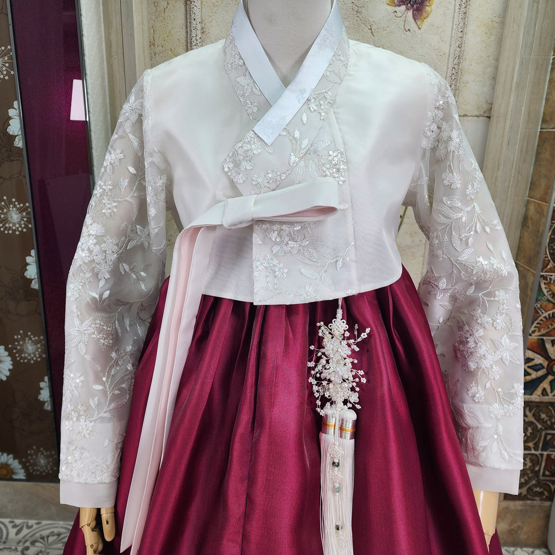 Korean Traditional Woman Personal Custom Hanbok Wedding Party Ceremony White Lace Embroidery OSW009