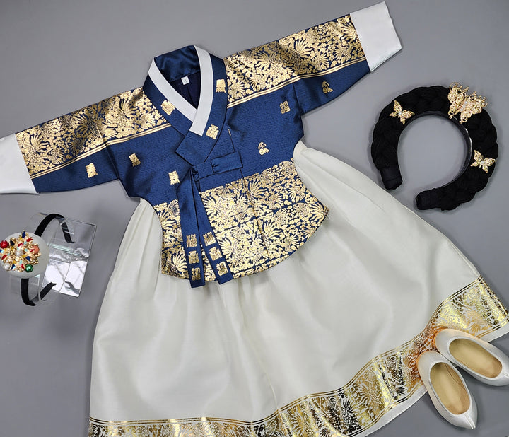 Korea Traditional Hanbok Girl Baby Green-Navy Gold Print Baikil 1–10 Years 1st Birthday Party GOG102