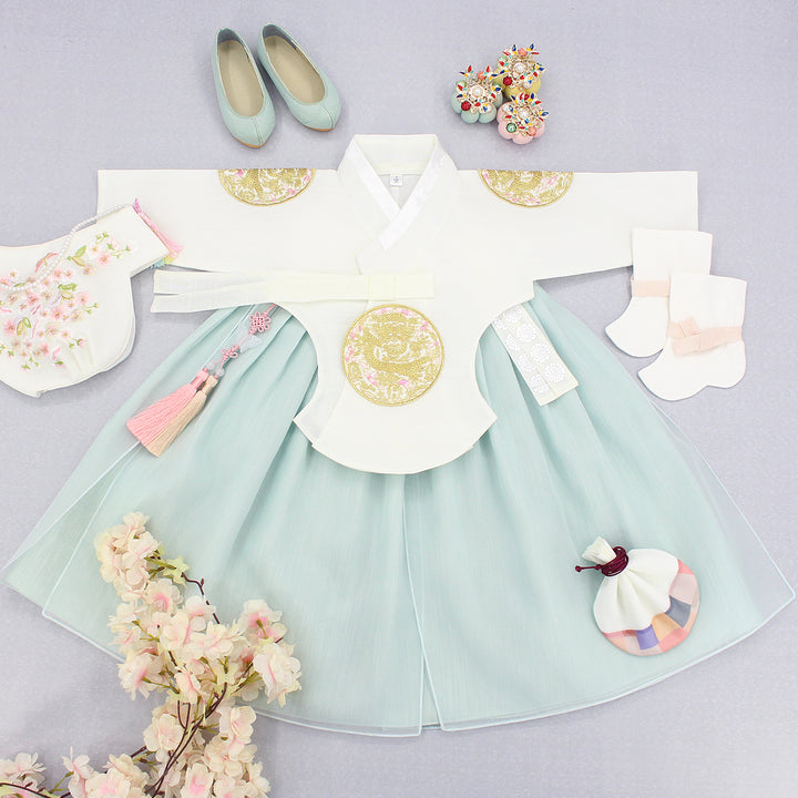 Hanbok Girl Baby Korea Traditional Clothing Set First Birthday Celebration Party 1–6 years 100th days Ivory Mint Gold Patch DGH116