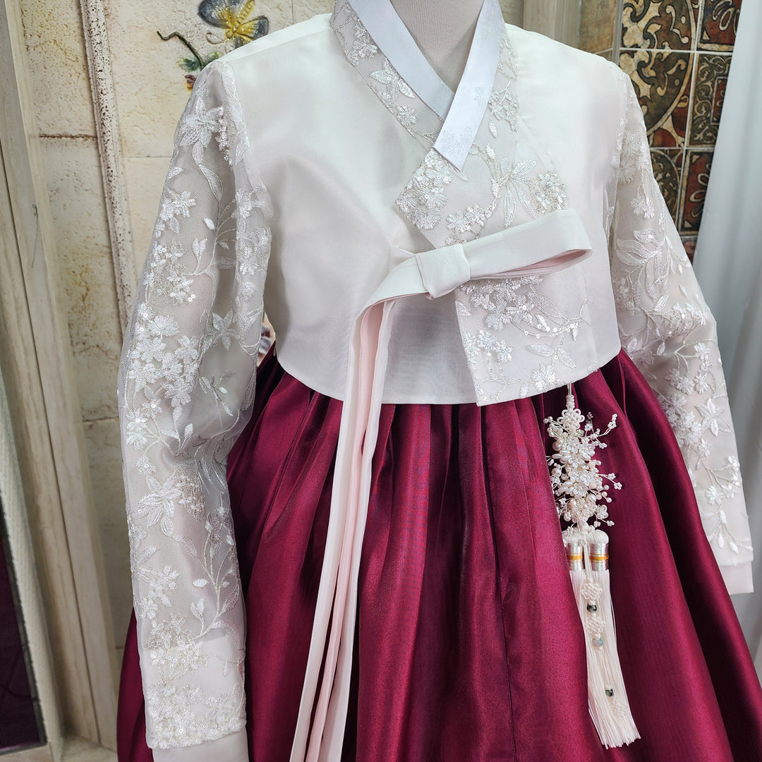 Korean Traditional Woman Personal Custom Hanbok Wedding Party Ceremony White Lace Embroidery OSW009
