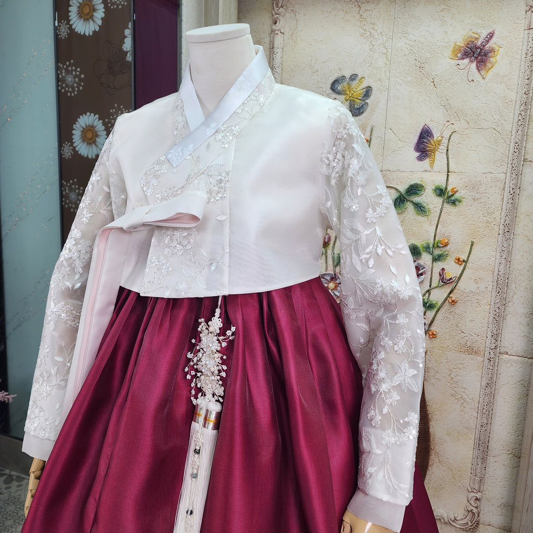 Korean Traditional Woman Personal Custom Hanbok Wedding Party Ceremony White Lace Embroidery OSW009