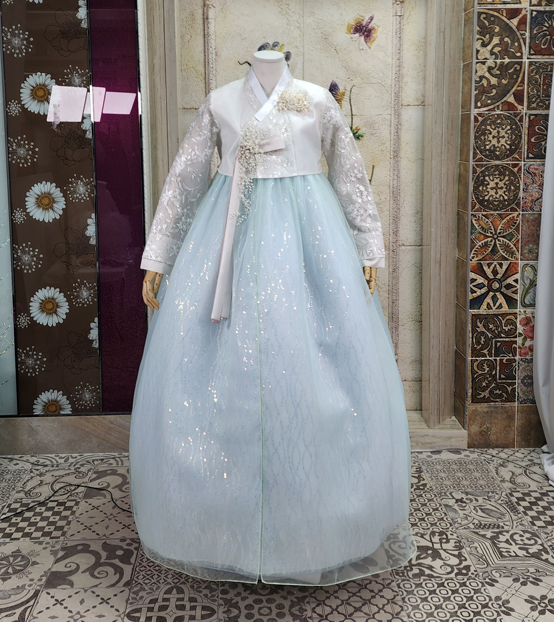 Korean Traditional Woman Personal Custom Hanbok Wedding Party Ceremony White Lace Bead Blue Skirt 147
